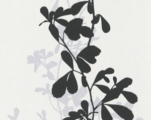 Фактурні німецькі шпалери 9467-44, з рослинами чорного і сірого кольору на білому тлі, миються вінілові на флизелиновій