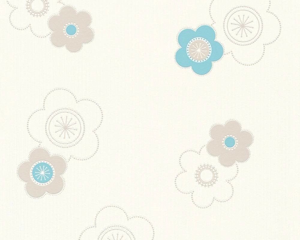 Світлі німецькі шпалери 34767-2, з блакитними, бірюзовими і світло-сірими квіточками на білому, миються тиснені, вінілові - огляд