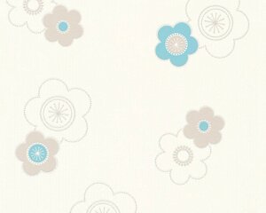 Світлі німецькі шпалери 34767-2, з блакитними, бірюзовими і світло-сірими квіточками на білому, миються тиснені, вінілові