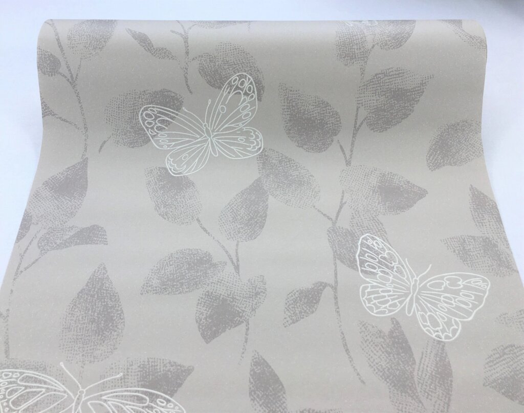 Світло-сірі німецькі шпалери 3043-22, з метеликами, листям рослин, миються вінілові, гладкі і злегка іскристі - порівняння