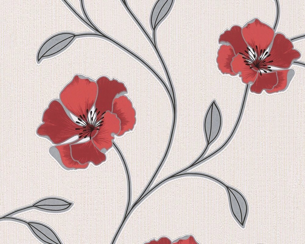Яскраві німецькі шпалери 2924-45, з червоними квітами маків, на пастельному кремовому тлі, ванільного відтінку, вінілові - інтернет магазин