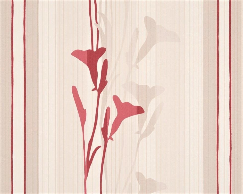 Яскраві німецькі шпалери 8977-70, з темно-червоними квітами Кампсис, імітація малюнка аквареллю, миються вінілові, тиснені - знижка