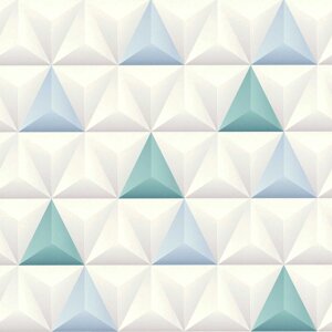 Дизайнерські німецькі шпалери 35186-2, пірамідки та трикутники, блакитні та м'ятні, з оптичним ефектом 3D об'ємності