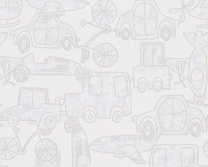Дитячі паперові шпалери 30449-2 з іграшкових машинок і літачок для маленького хлопчика, світлий візерунок на білому тлі в Київській області от компании Интернет-магазин обоев "Немецкий Дом"