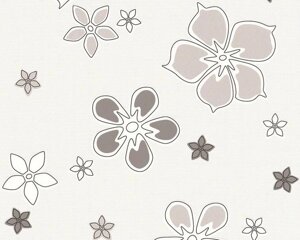 Світлі німецькі шпалери 93805-2, з сірими і сіро-бежевими квіточками на білому тлі, вінілові