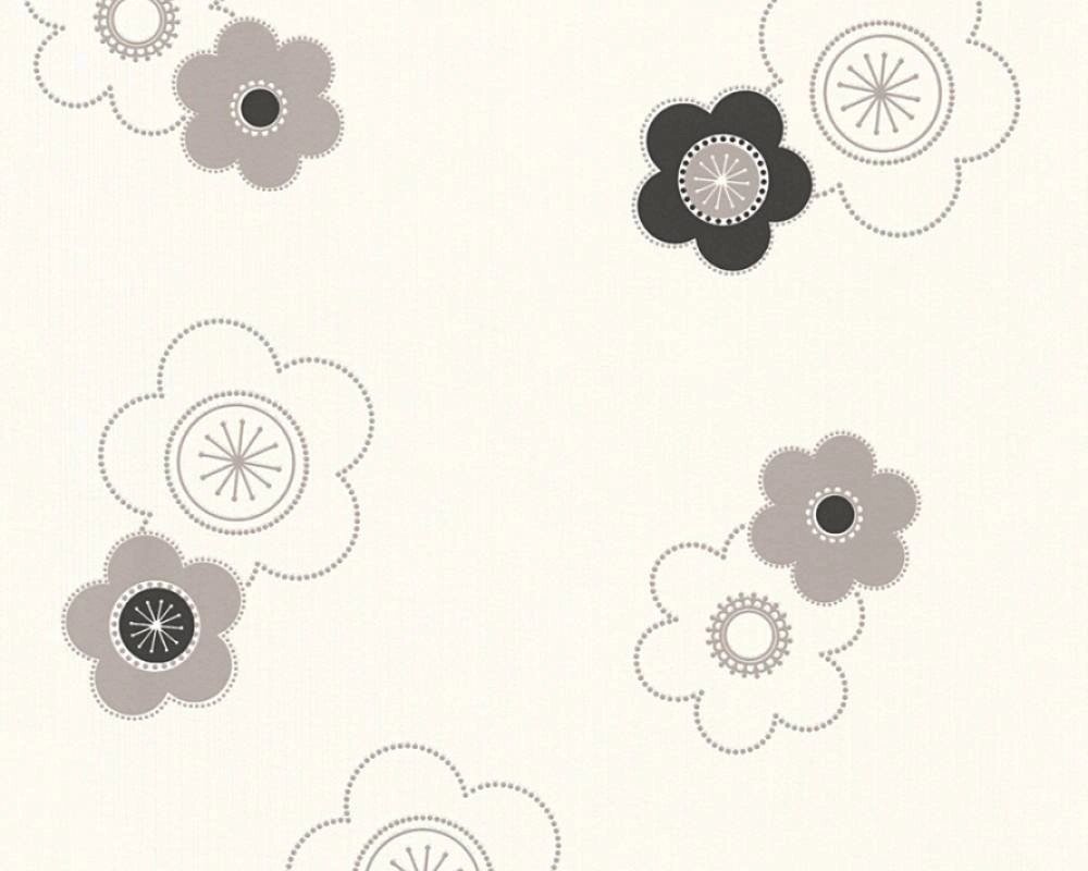 Світлі німецькі шпалери 34767-3, з чорними і сірими квіточками на білому, миються і тиснені, вінілові на флизелиновій - знижка