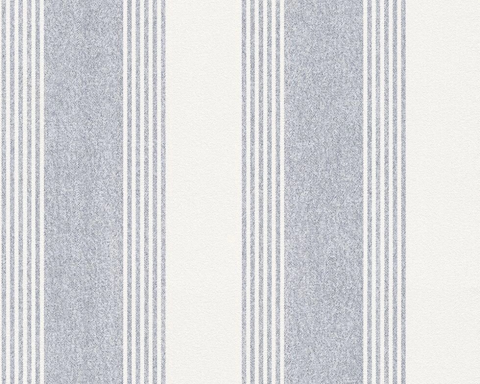 Стильні німецькі шпалери 2760-32, імітація під джинсову тканину котон, в широку сіро-блакитну смужку на білому тлі від компанії Інтернет-магазин шпалер "Німецький Дім" - фото 1