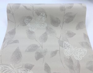 Світло-сірі німецькі шпалери 3043-22, з метеликами, листям рослин, миються вінілові, гладкі і злегка іскристі