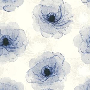 Світлі німецькі шпалери 34274-1, великі блакитні квіти троянди на білому, акварельна графіка в ніжній пастельній палітрі