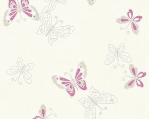 Світлі німецькі шпалери 34765-1, з метеликами відтінку маджента, рожевого бузкового кольору на білому, миються вінілові