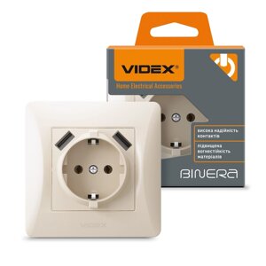 Розетка одинарна із заземленням та 2USB кремова VIDEX BINERA