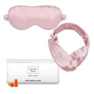 Набір для сну Love You (маска для сну + пов'язка для волосся + бервуха + чохол) Рожевий 100% шовк (5030)