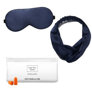 Набір для сну Love You (маска для сну + пов'язка для волосся + бервуха + чохол) Синій 100% шовк (5031)