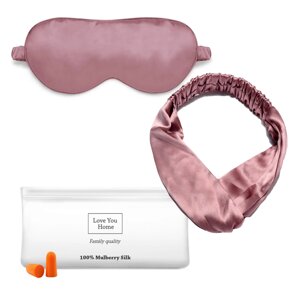 Набір для сну Love You (маска для сну + пов'язка для волосся + бервуха + чохол) Темно-рожевий 100% шовк (5032)