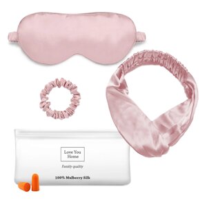 Набір для сну Love You (маска для сну + пов'язка для волосся + гумка + бервуха + чохол) Рожевий 100% шовк (5034)