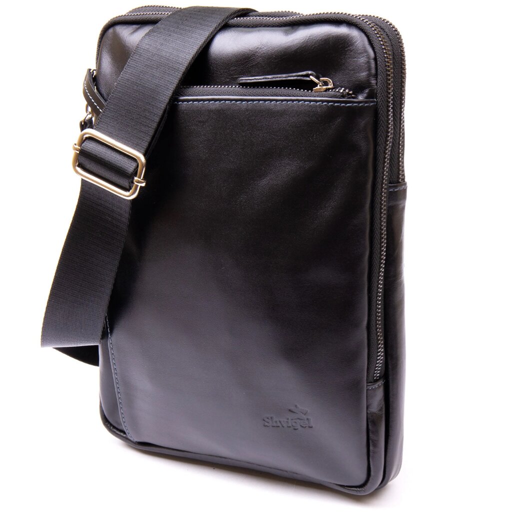 Чоловіча сумка-планшет із накладною кишенею на блискавці в гладкій шкірі 11281 SHVIGEL, Чорна від компанії Універсальний Інтернет-магазин POPULAR - фото 1