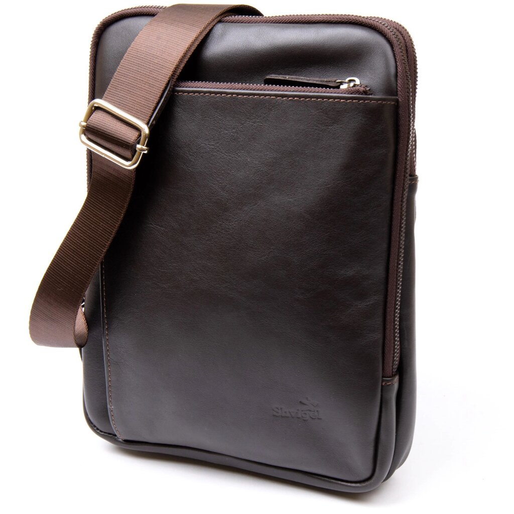 Модна сумка планшет із накладною кишенею на блискавці в гладкій шкірі 11282 SHVIGEL, Коричнева від компанії Універсальний Інтернет-магазин POPULAR - фото 1