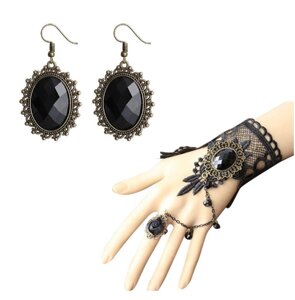 Жіночий мереживний браслет у стилі стимпанк з кільцем на палець та сережки комплект [1703043] Fashion Jewelry