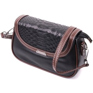 Стильна сумка для жінок із фактурним клапаном із натуральної шкіри Vintage 22374 Чорна