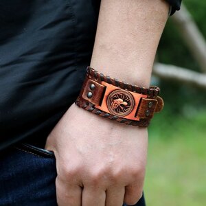 Чоловічий шкіряний браслет-символ ручної роботи у скандинавському стилі «Фенрір. Коловрат» AD70-brown 27.5*4 см