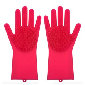 Силіконові рукавички SUNROZ для миття посуду зі щіточкою Червоний