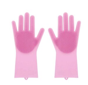 Силіконові рукавички SUNROZ для миття посуду зі щіточкою Рожеві