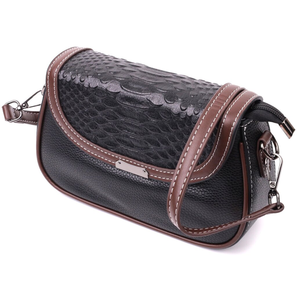 Стильна сумка для жінок із фактурним клапаном із натуральної шкіри Vintage 22374 Чорна від компанії Універсальний Інтернет-магазин POPULAR - фото 1