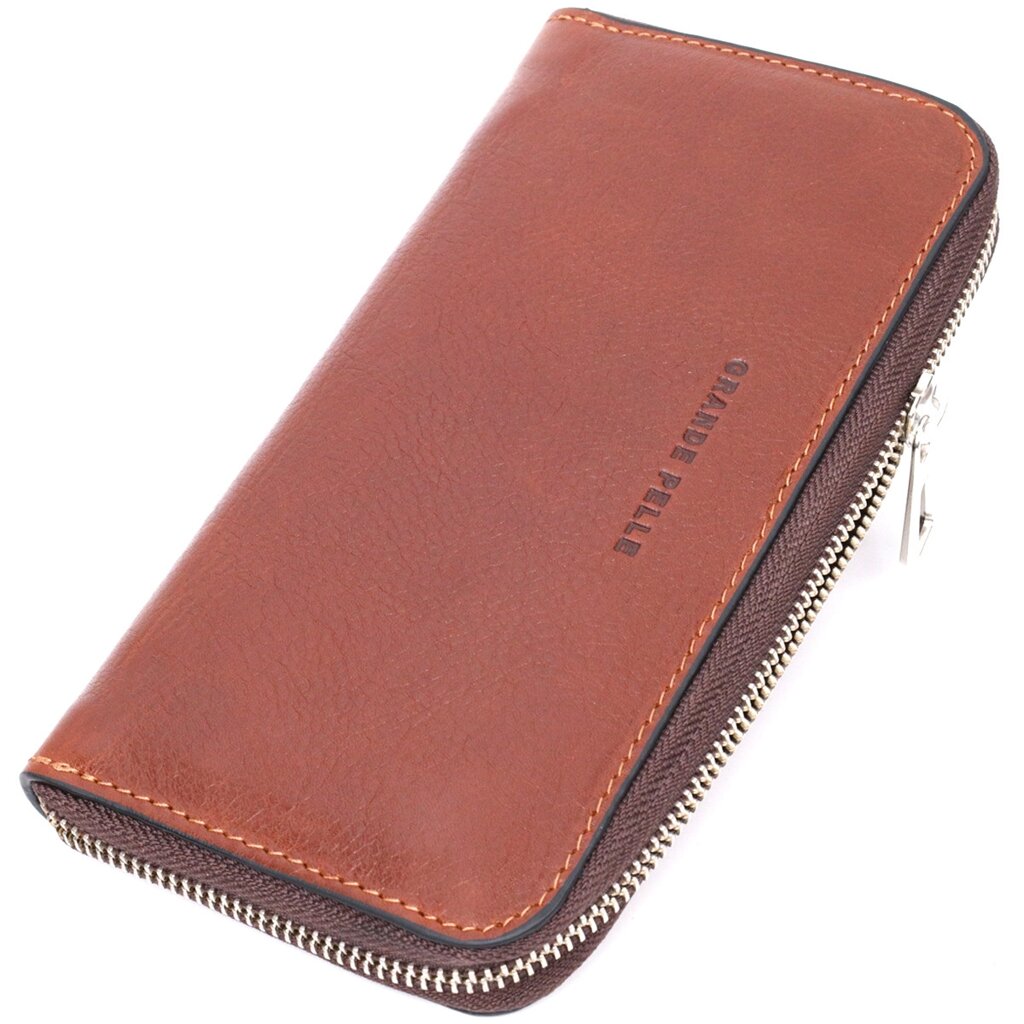 Зручний гаманець-клатч на блискавці з натуральної шкіри GRANDE PELLE 11659 Коричневий від компанії Універсальний Інтернет-магазин POPULAR - фото 1