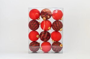Набір ялинкових іграшок з нитяних кульок 6,5 см, 12 шт Червоний мікс