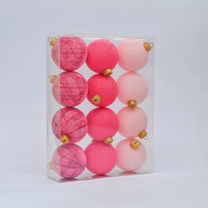 Набір ялинкових іграшок з нитяних кульок 6,5 см, 12 шт Рожевий мікс