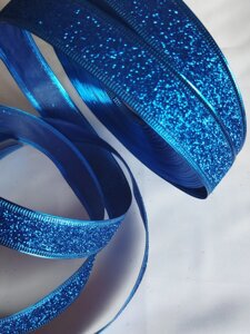 Новорічна стрічка з дротяним краєм Синій глітер ширина 6,3 см