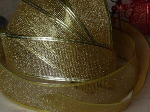 Новорічна стрічка з дротяним краєм Золота сітка блиск 3,8 см