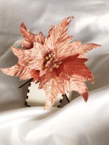 Пуансетія на ніжці оксамитова новорічна в глітері 15 см рожева темна пудра
