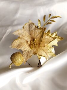 Пуансетія на ніжці мішковина новорічна в глітері 15 см золото