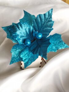 Пуансетія на ніжці новорічна в глітері 15 см синя бірюза