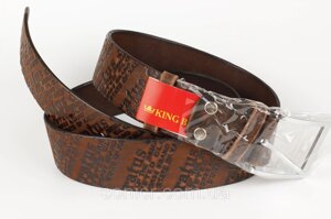 Ремінь шкіряний джинсовий коричневий з тисненням King Belts 45 мм