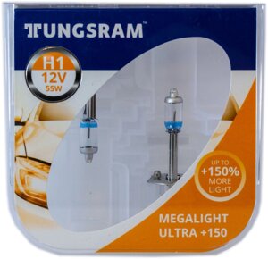 Лампа галогенова H1 12 В 55 Вт P14,5s +150% Megalight Ultra TUNGSRAM, к-т (2 шт.)