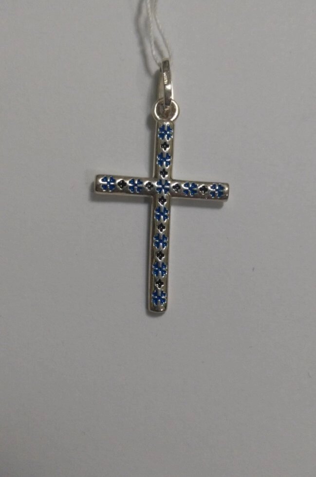 Хрест зі срібла Вишиванка з синьою емаллю від компанії Silver Sea - фото 1