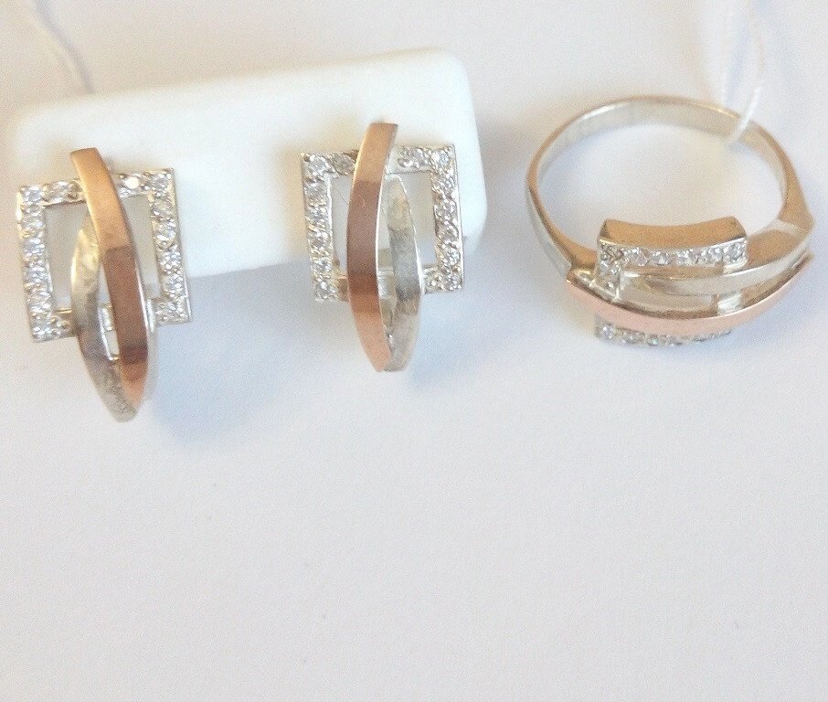 Комплект кільце сережки зі срібла і золота Нелі від компанії Silver Sea - фото 1
