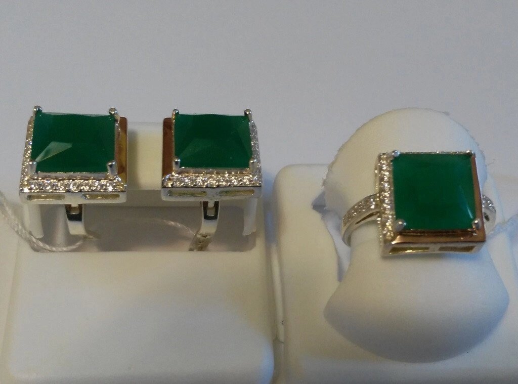 Комплект зі срібла і золота з зеленим каменем Квадро від компанії Silver Sea - фото 1
