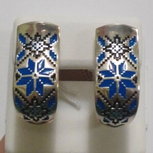 Срібні сережки Вишиванка з синьою емаллю
