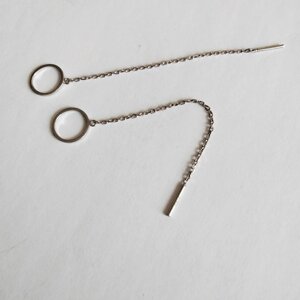 Сережки-протягання родованим срібні з ланцюжком і кільцями