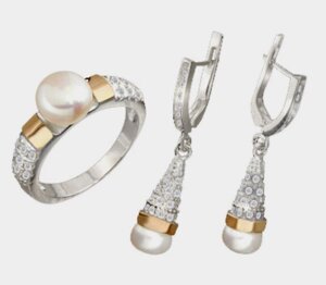 Срібний жіночий комплект з золотом і перлами Марі