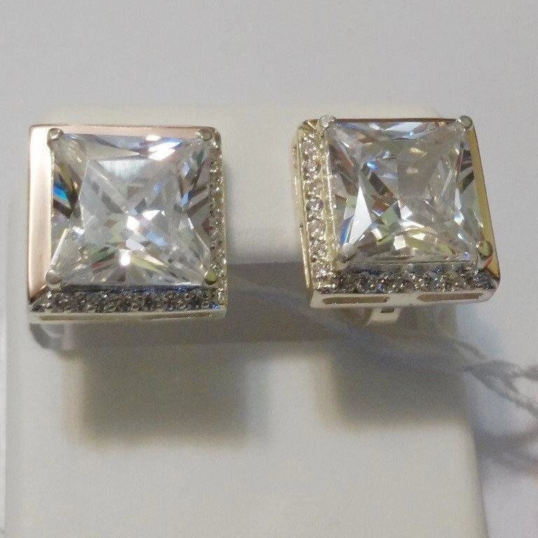 Срібні сережки з золотом і цирконієм Квадро від компанії Silver Sea - фото 1
