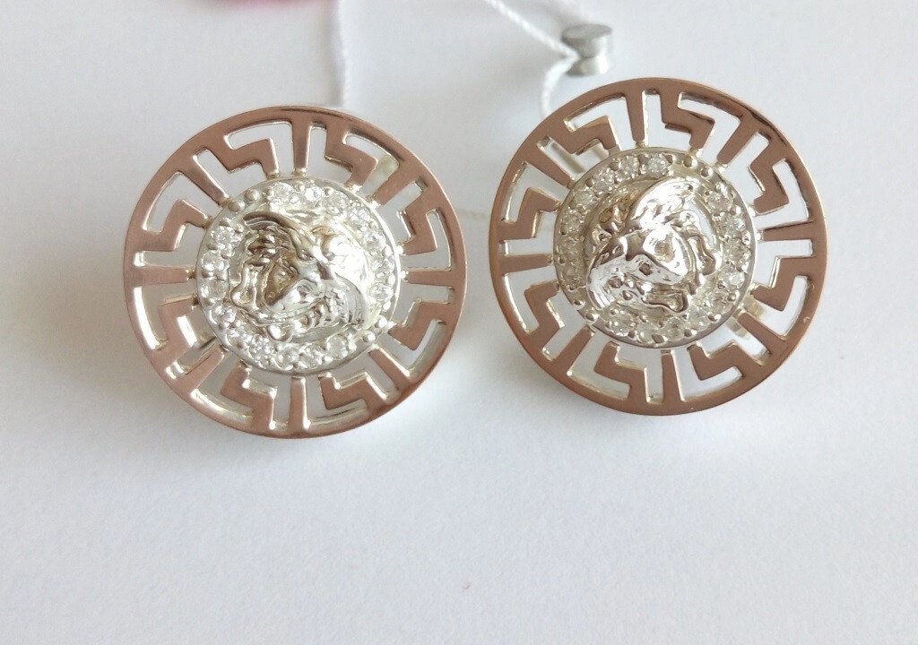 Срібні сережки з золотом і цирконієм Версаче 2 від компанії Silver Sea - фото 1