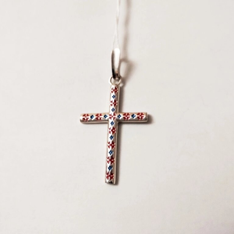Срібний хрест з червоною та синьою емаллю Вишиванка від компанії Silver Sea - фото 1