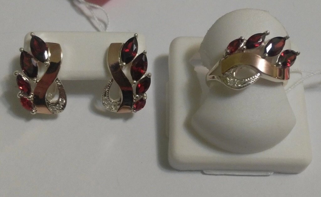 Срібний комплект з золотом і червоним каменем Мальва від компанії Silver Sea - фото 1