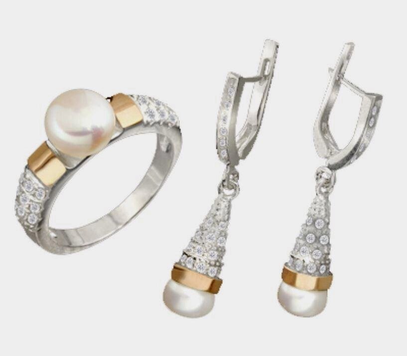 Срібний жіночий комплект з золотом і перлами Марі від компанії Silver Sea - фото 1