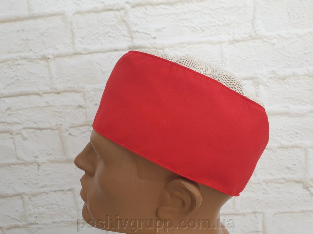 Кухарський шапка червона з білою сіткою. тканина батист від компанії Пошиття Груп Пошиття - фото 1