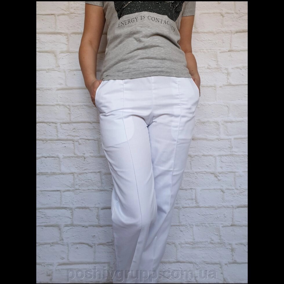 Штани медичні жіночі з кишенями білі. Тканина: еліт-котон. від компанії Пошиття Груп Пошиття - фото 1
